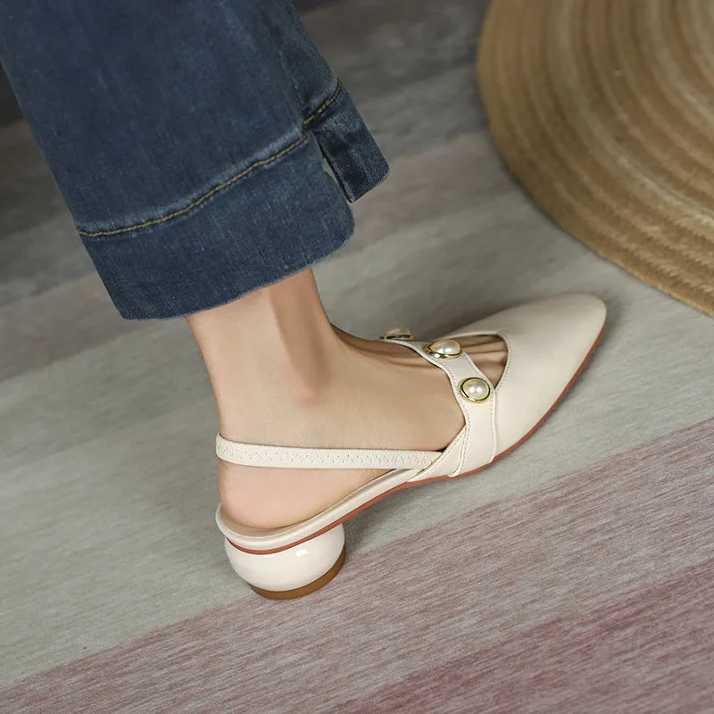 Nude Block Heels Closed Toe Spring Pump Pearl Women's Shoes