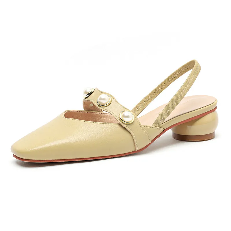 Nude Block Heels Closed Toe Spring Pump Pearl Women's Shoes