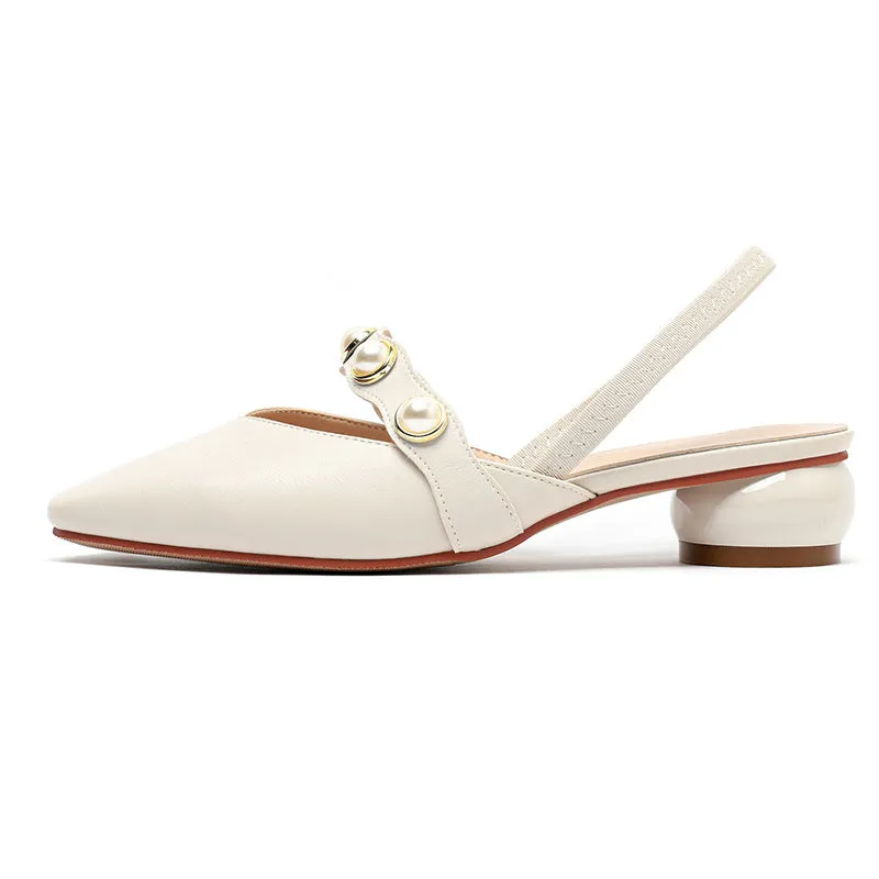 Nude Block Heels Closed Toe Spring Pump Pearl Women's Shoes