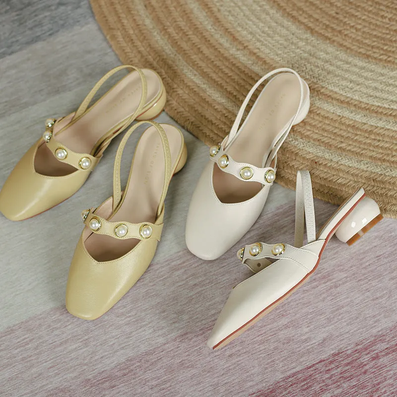 Nude Block Heels Closed Toe Spring Pump Pearl Women's Shoes