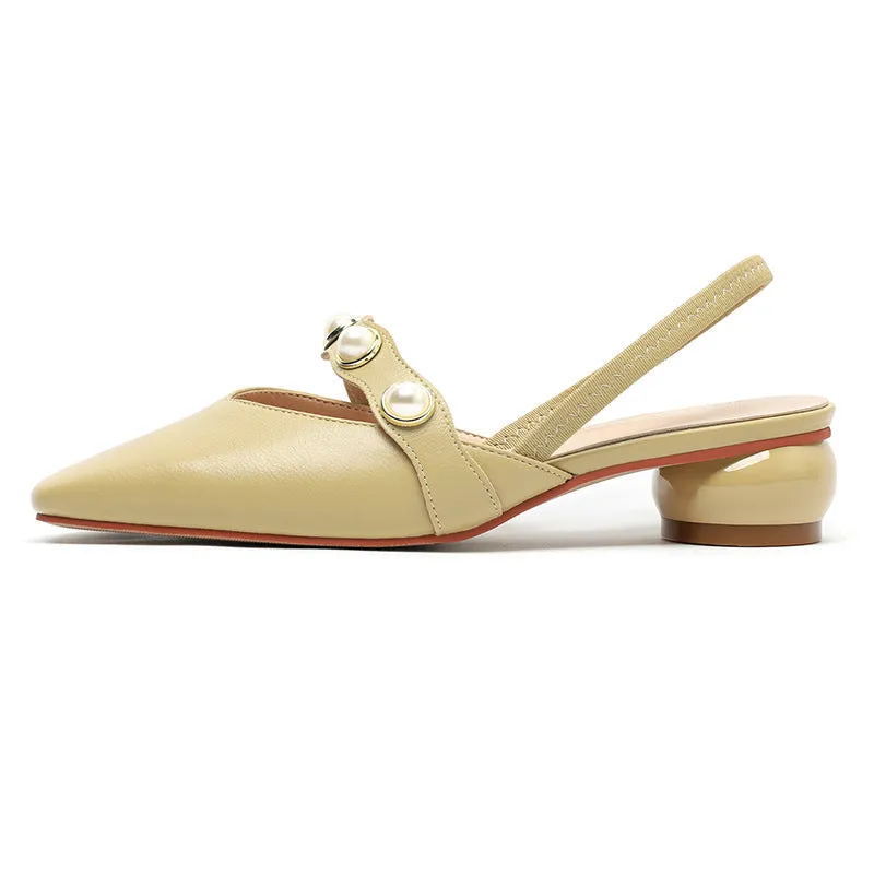 Nude Block Heels Closed Toe Spring Pump Pearl Women's Shoes