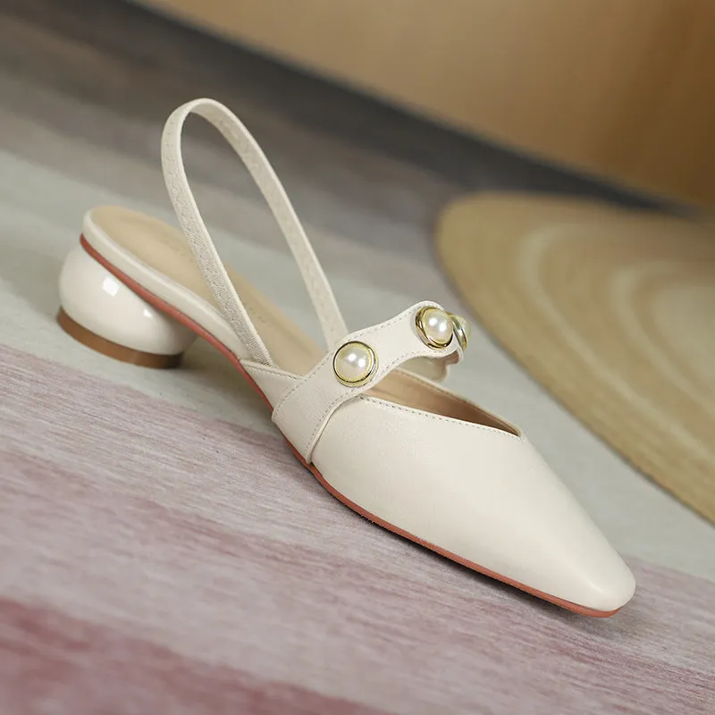 Nude Block Heels Closed Toe Spring Pump Pearl Women's Shoes