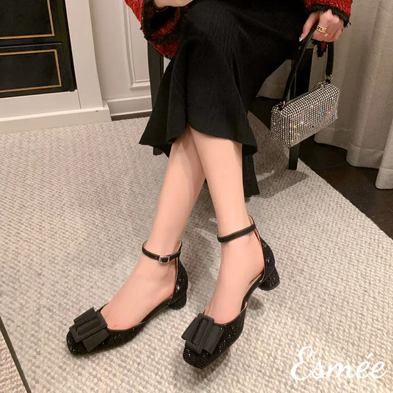 Patent Leather High Heel Sandals with Ankle Straps and Bow Knot