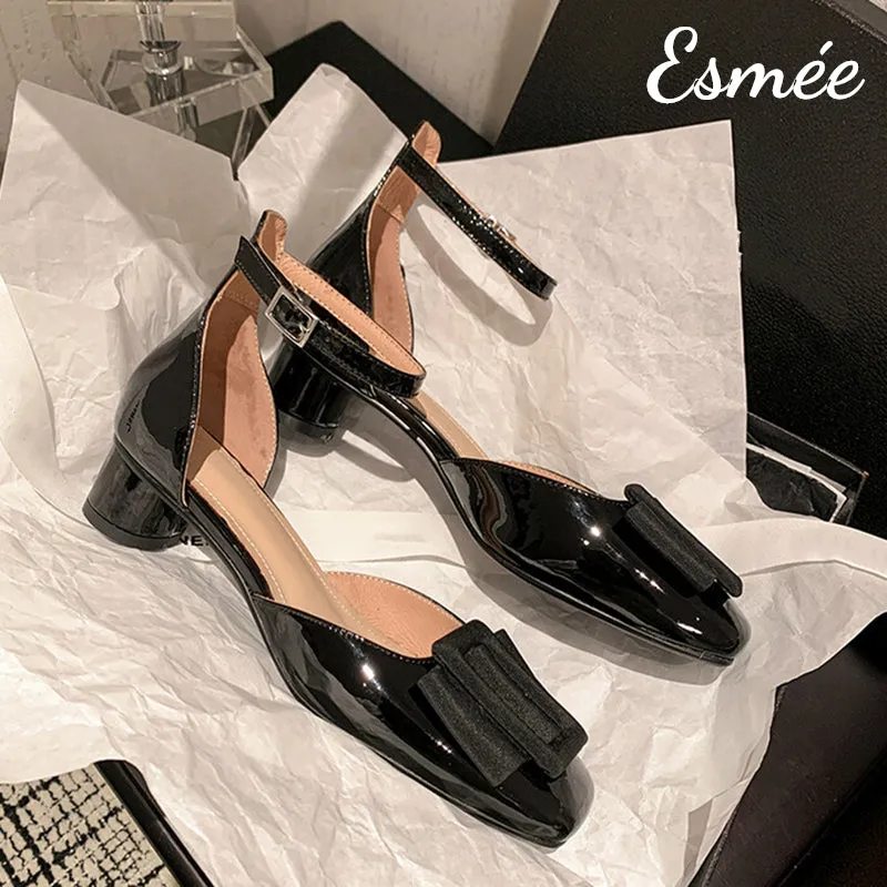 Patent Leather High Heel Sandals with Ankle Straps and Bow Knot
