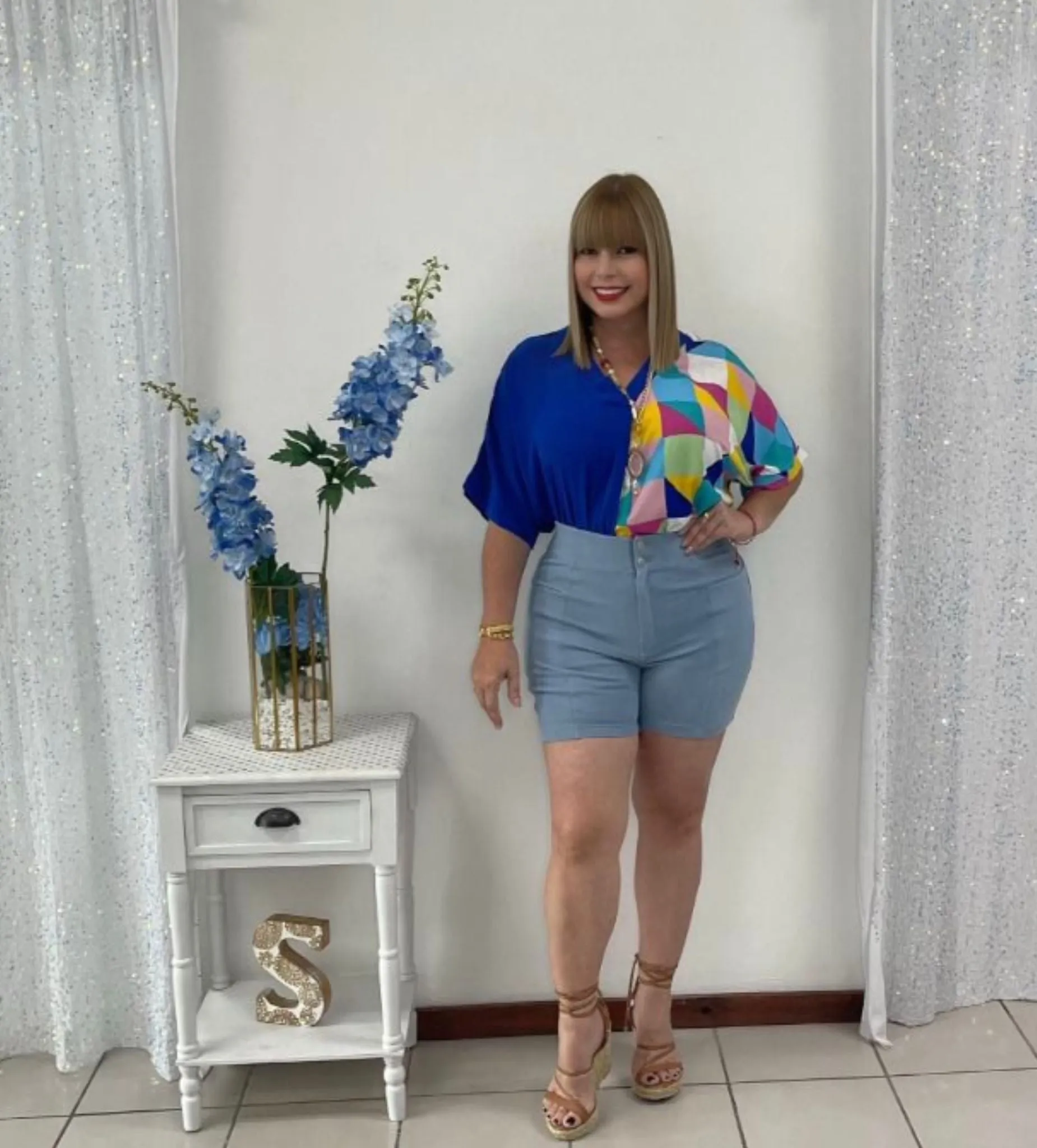 Plus blue and print top
