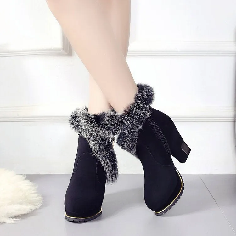 Pointed Toe Fur Decoration Middle Chunky Heel Short Boots