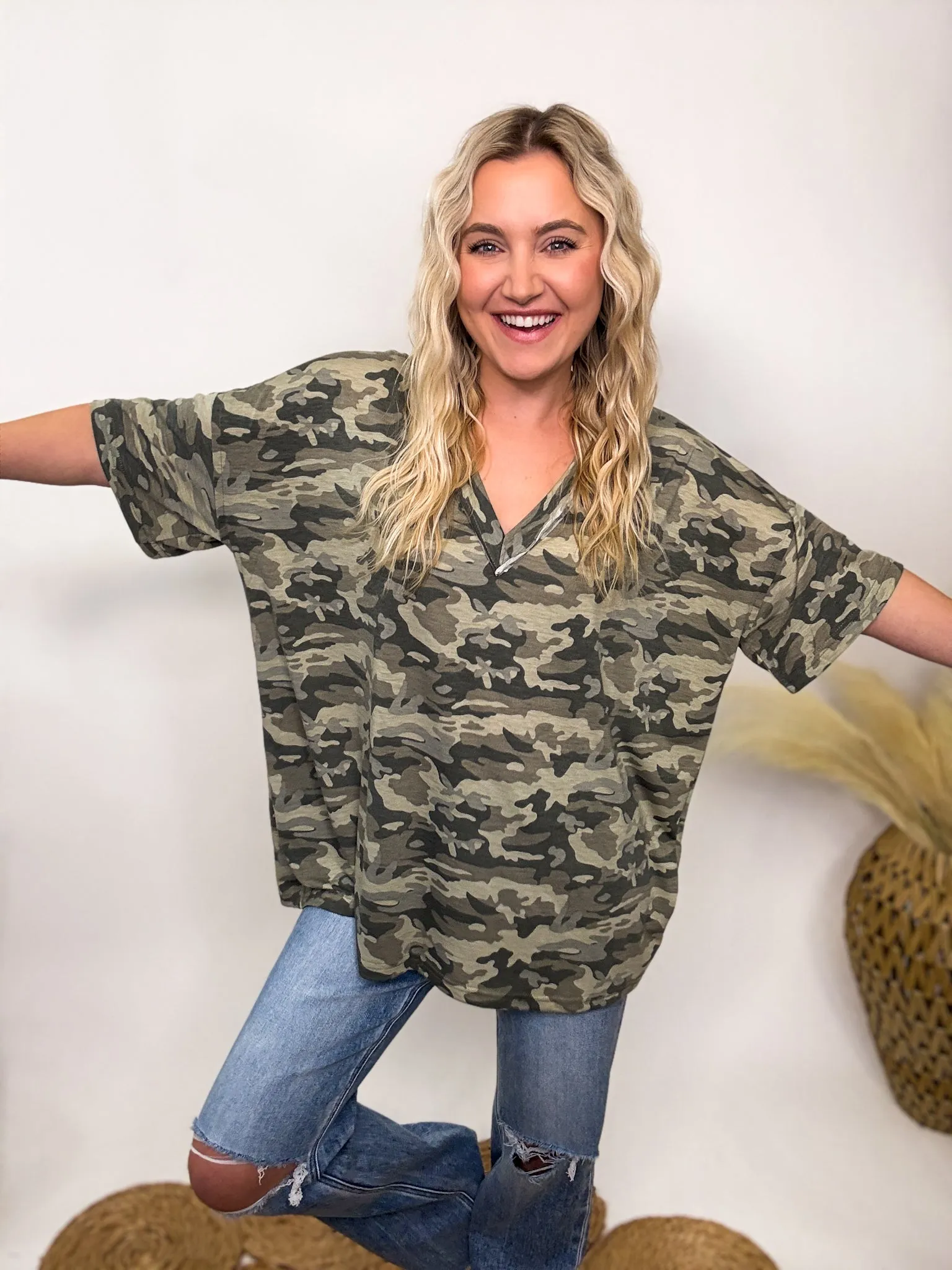 POL Oversized Camo V-Neck Short Sleeve Top