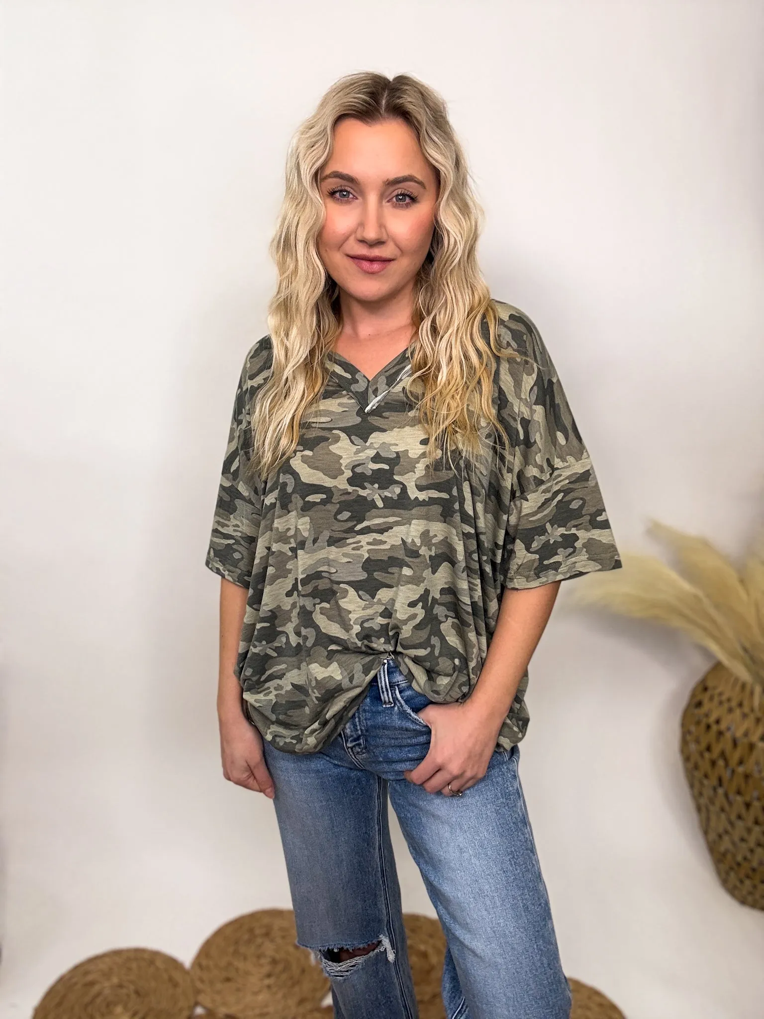 POL Oversized Camo V-Neck Short Sleeve Top