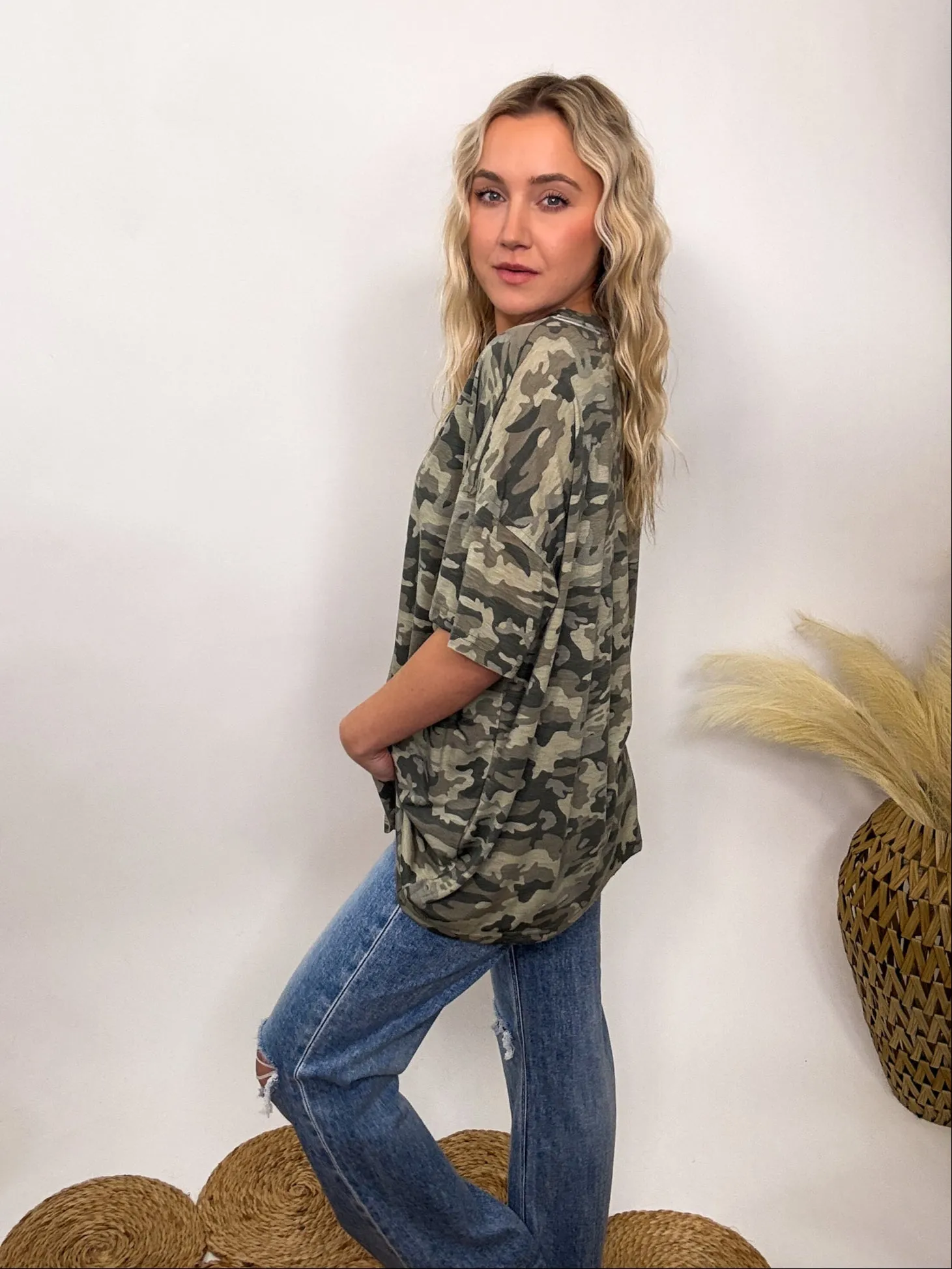 POL Oversized Camo V-Neck Short Sleeve Top