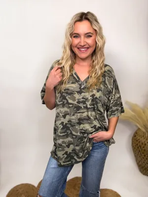 POL Oversized Camo V-Neck Short Sleeve Top