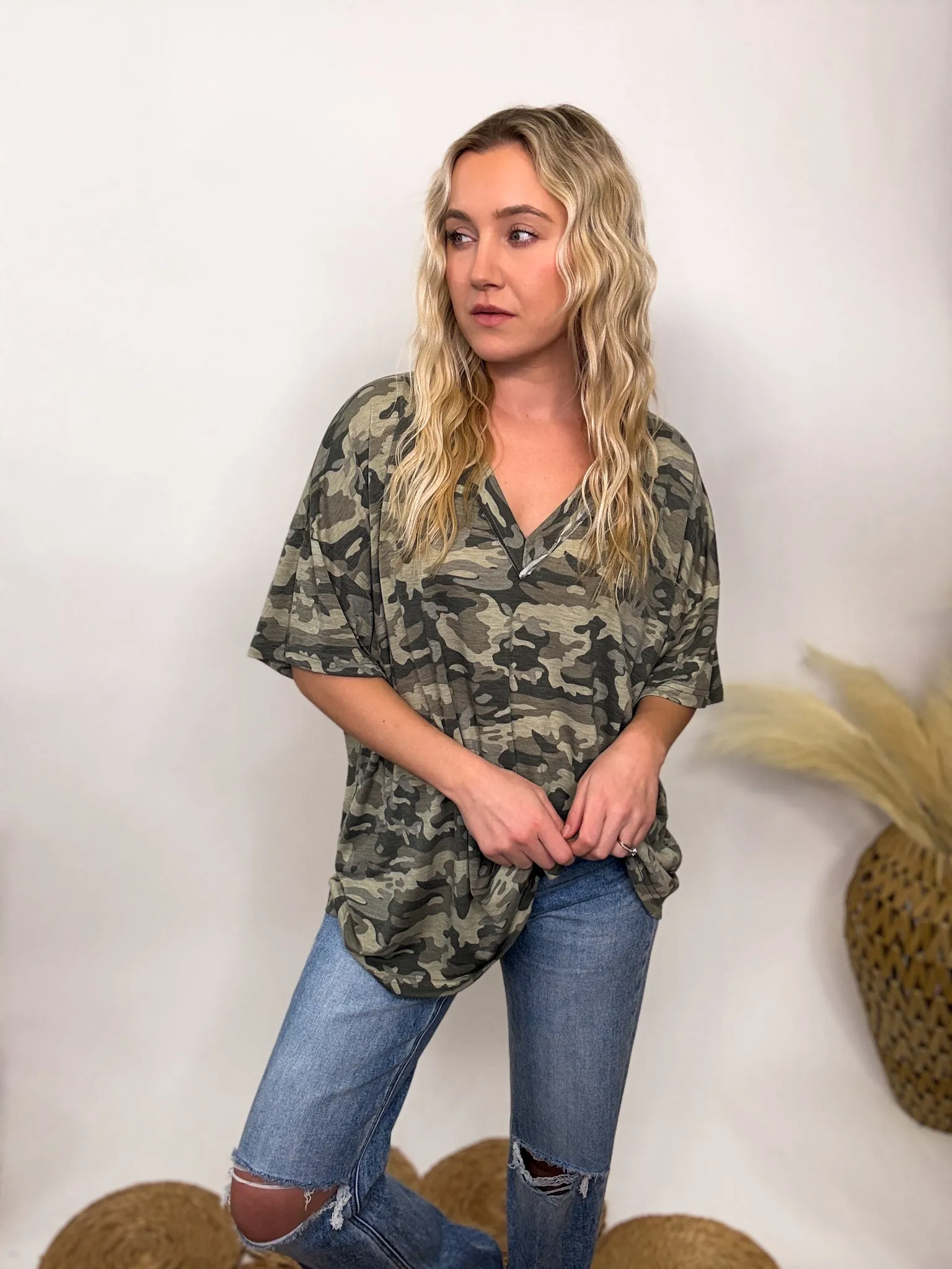 POL Oversized Camo V-Neck Short Sleeve Top