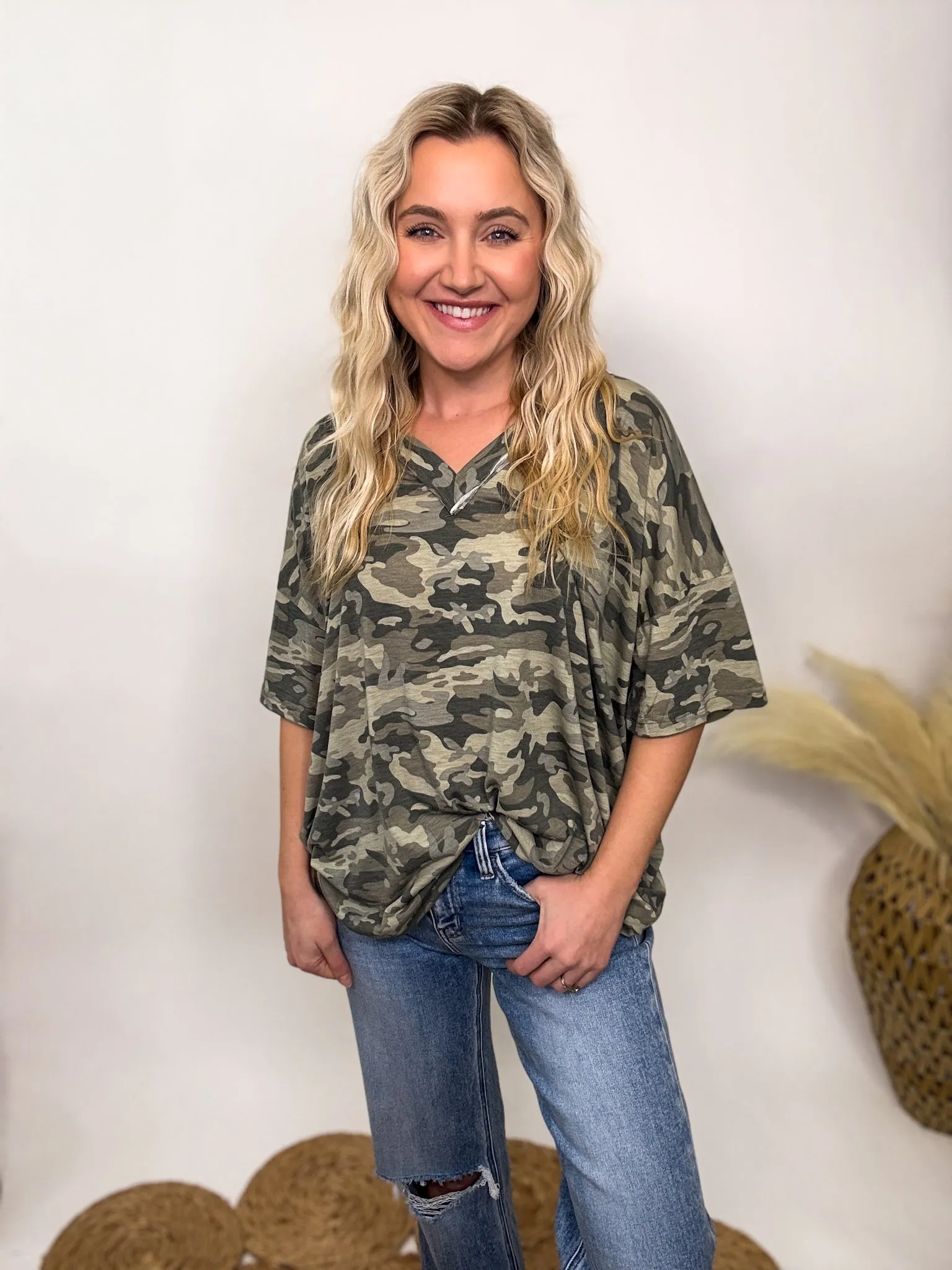 POL Oversized Camo V-Neck Short Sleeve Top
