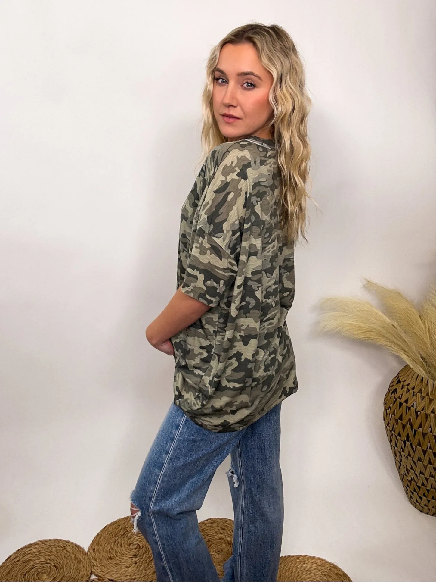 POL Oversized Camo V-Neck Short Sleeve Top