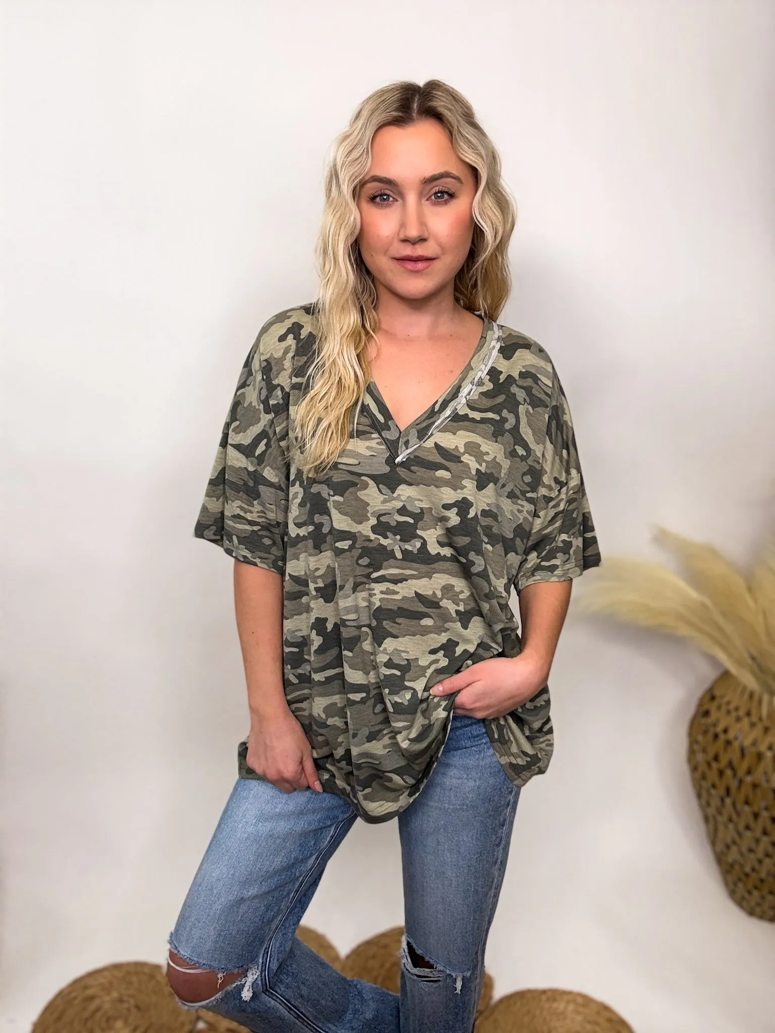 POL Oversized Camo V-Neck Short Sleeve Top