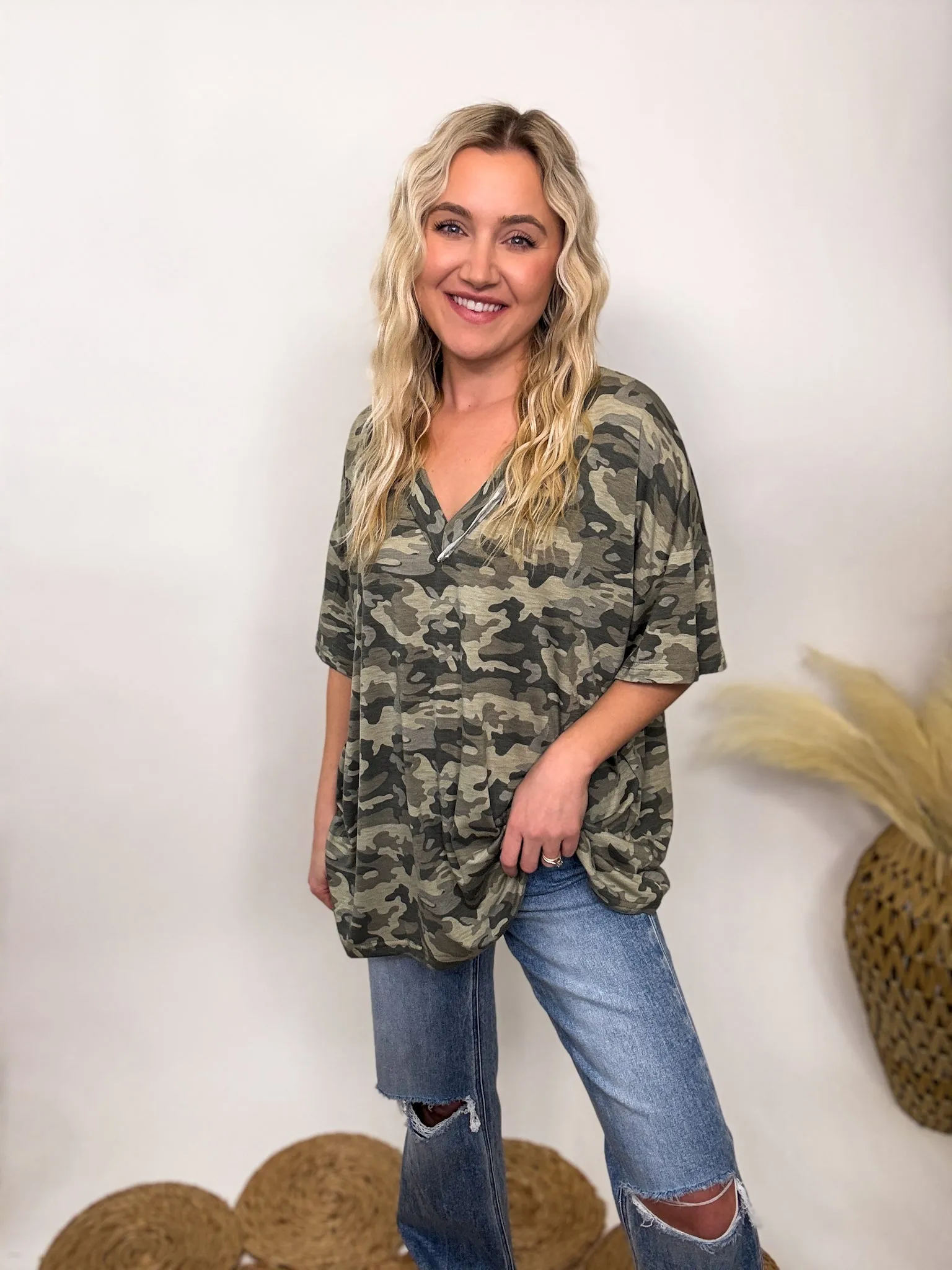 POL Oversized Camo V-Neck Short Sleeve Top