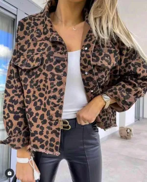 Raw Hem Leopard Print Denim Jacket
