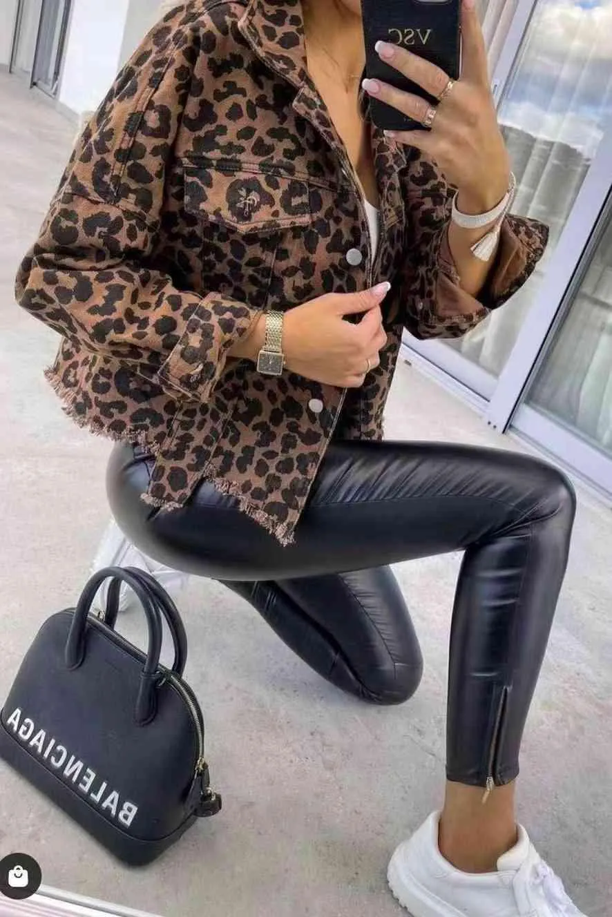 Raw Hem Leopard Print Denim Jacket