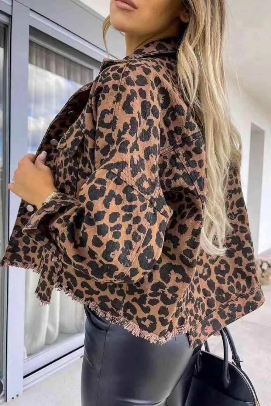 Raw Hem Leopard Print Denim Jacket