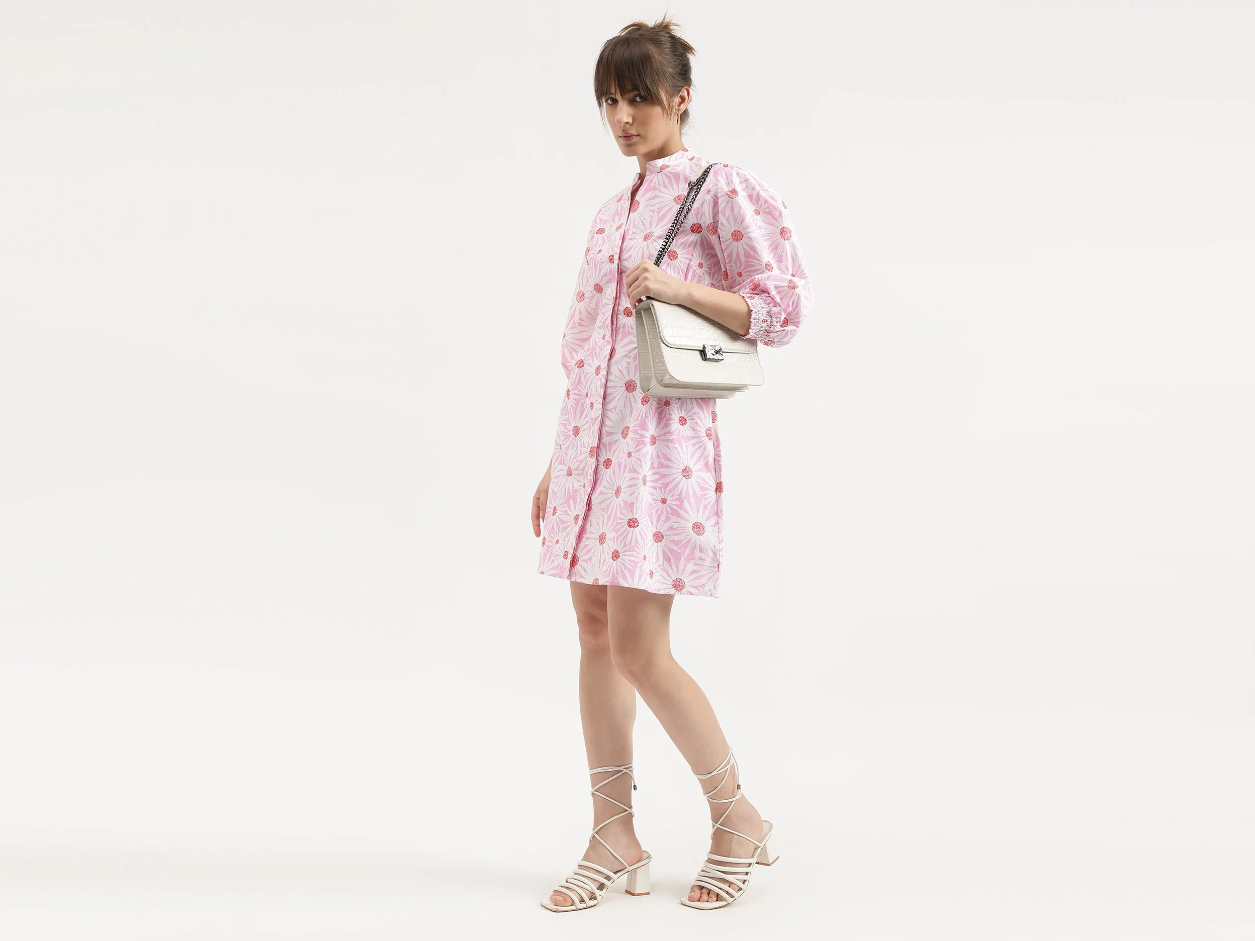 Regular Fit Mandarin Collar Printed Dress