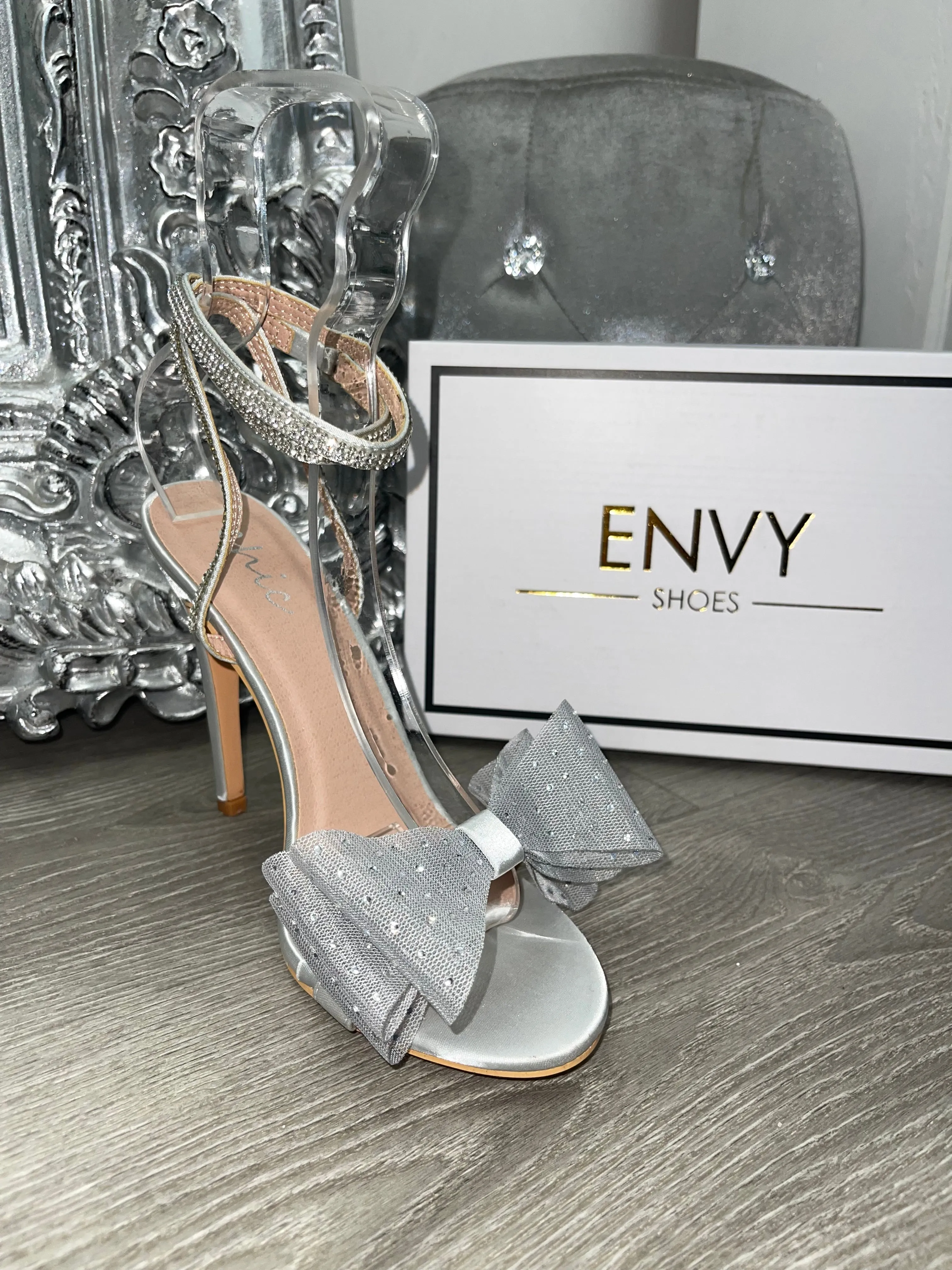 SERENDIPITY SILVER SATIN DIAMANTE LACE UP BOW HEELS