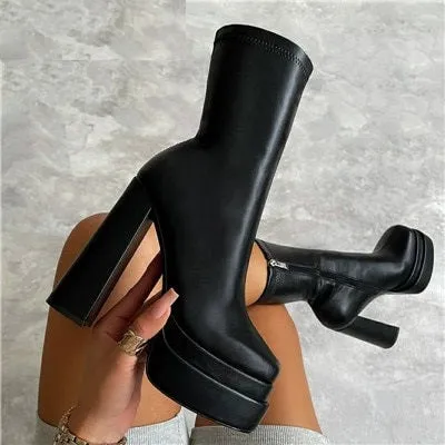 Sexy Chunky High Heels Ankle Shoes For Women Punk Style Zipper Thick Platform Elasticity Microfiber Boots Sapatos Femininos