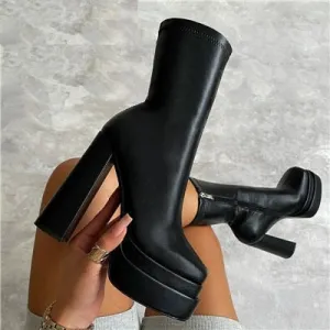 Sexy Chunky High Heels Ankle Shoes For Women Punk Style Zipper Thick Platform Elasticity Microfiber Boots Sapatos Femininos