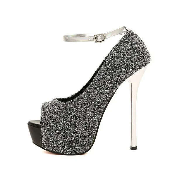 Shinning Peep Toe Ankle Wrap Platform Stiletto Super High Heels Sandals