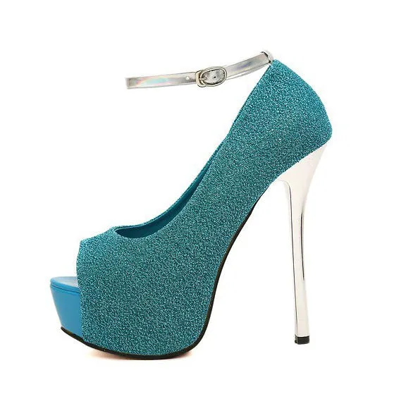 Shinning Peep Toe Ankle Wrap Platform Stiletto Super High Heels Sandals