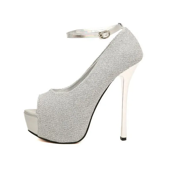 Shinning Peep Toe Ankle Wrap Platform Stiletto Super High Heels Sandals