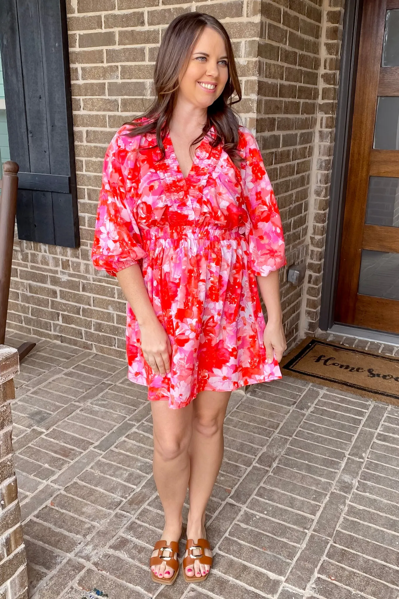 Smock It Out Floral Print Red and Pink Dress