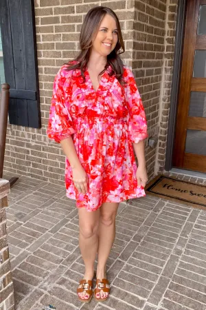 Smock It Out Floral Print Red and Pink Dress