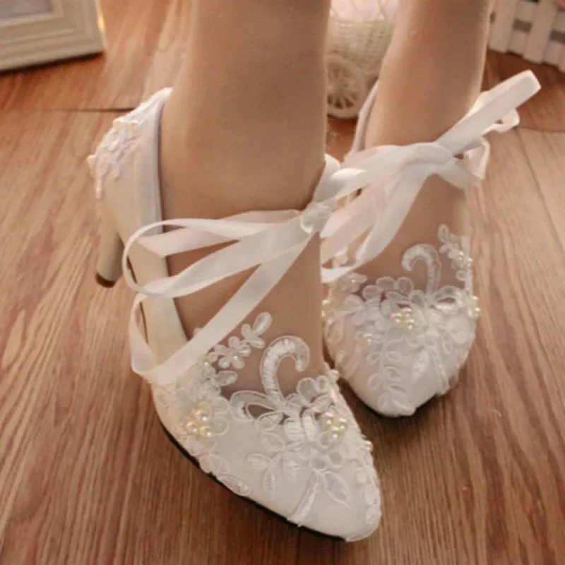 Sohiwoo White Lace-Up Flower Wedding Bridal Shoes Design Pearl Spike Heels Pumps Women Round Toe Platform High Heels Luxury Prom Shoes
