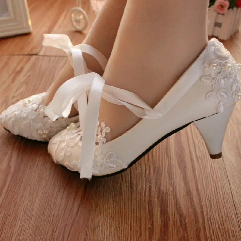 Sohiwoo White Lace-Up Flower Wedding Bridal Shoes Design Pearl Spike Heels Pumps Women Round Toe Platform High Heels Luxury Prom Shoes