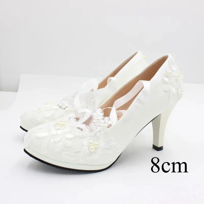 Sohiwoo White Lace-Up Flower Wedding Bridal Shoes Design Pearl Spike Heels Pumps Women Round Toe Platform High Heels Luxury Prom Shoes