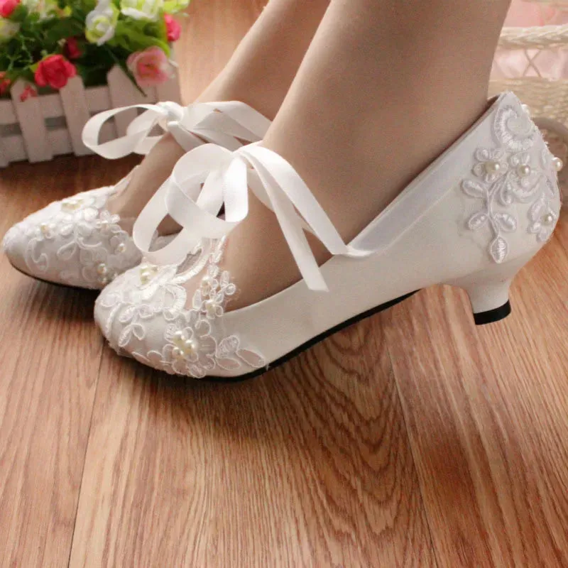 Sohiwoo White Lace-Up Flower Wedding Bridal Shoes Design Pearl Spike Heels Pumps Women Round Toe Platform High Heels Luxury Prom Shoes