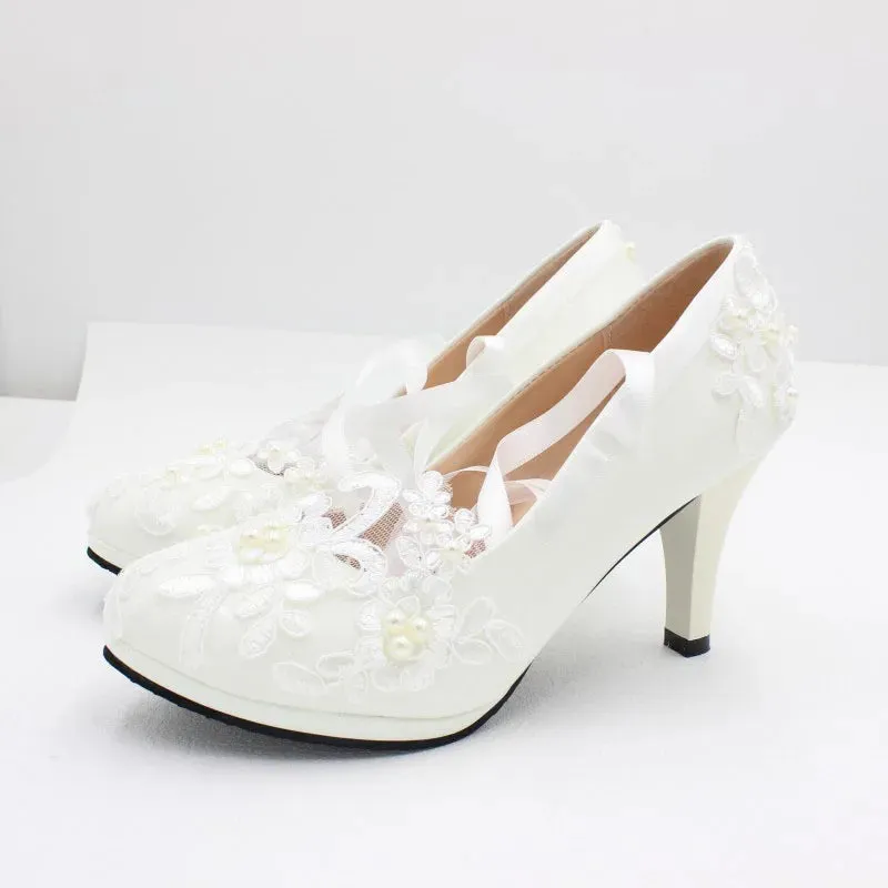 Sohiwoo White Lace-Up Flower Wedding Bridal Shoes Design Pearl Spike Heels Pumps Women Round Toe Platform High Heels Luxury Prom Shoes