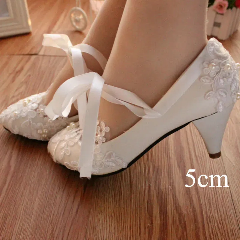 Sohiwoo White Lace-Up Flower Wedding Bridal Shoes Design Pearl Spike Heels Pumps Women Round Toe Platform High Heels Luxury Prom Shoes