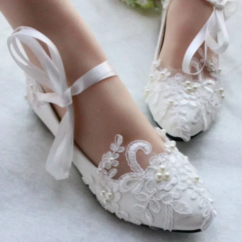 Sohiwoo White Lace-Up Flower Wedding Bridal Shoes Design Pearl Spike Heels Pumps Women Round Toe Platform High Heels Luxury Prom Shoes