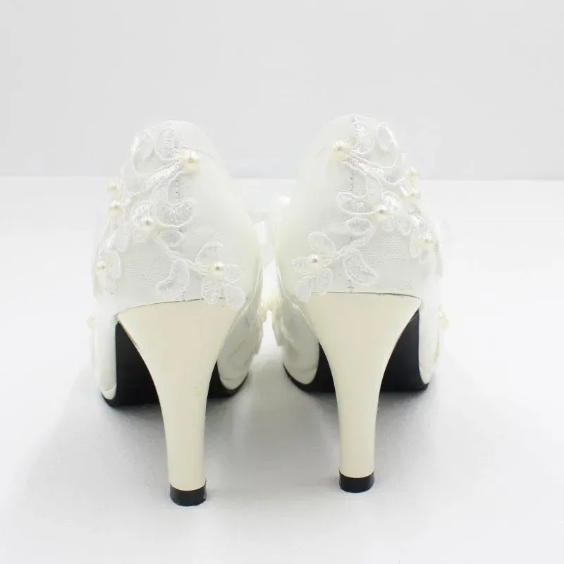 Sohiwoo White Lace-Up Flower Wedding Bridal Shoes Design Pearl Spike Heels Pumps Women Round Toe Platform High Heels Luxury Prom Shoes