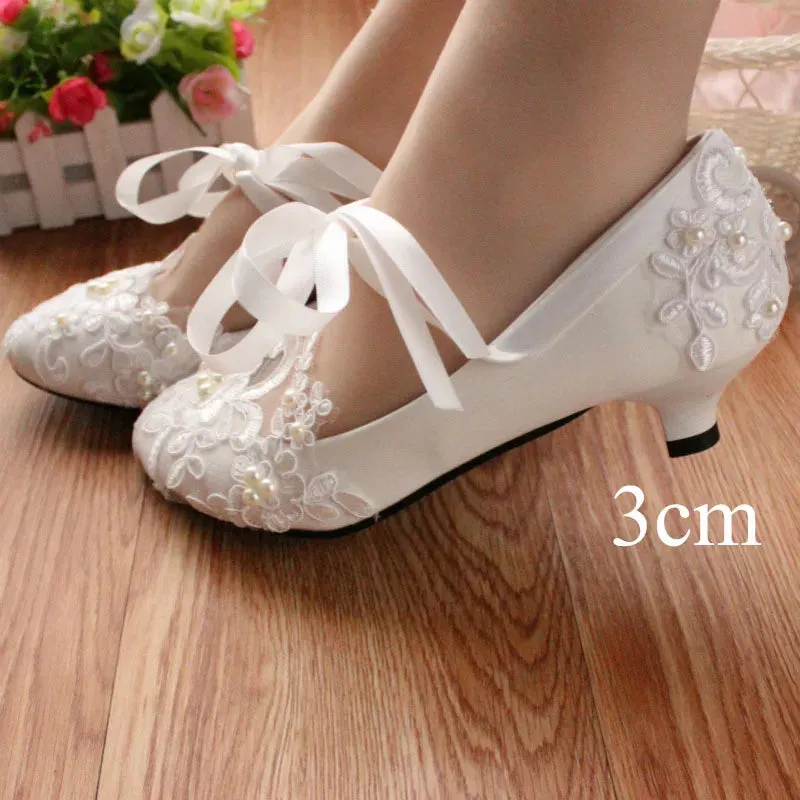 Sohiwoo White Lace-Up Flower Wedding Bridal Shoes Design Pearl Spike Heels Pumps Women Round Toe Platform High Heels Luxury Prom Shoes