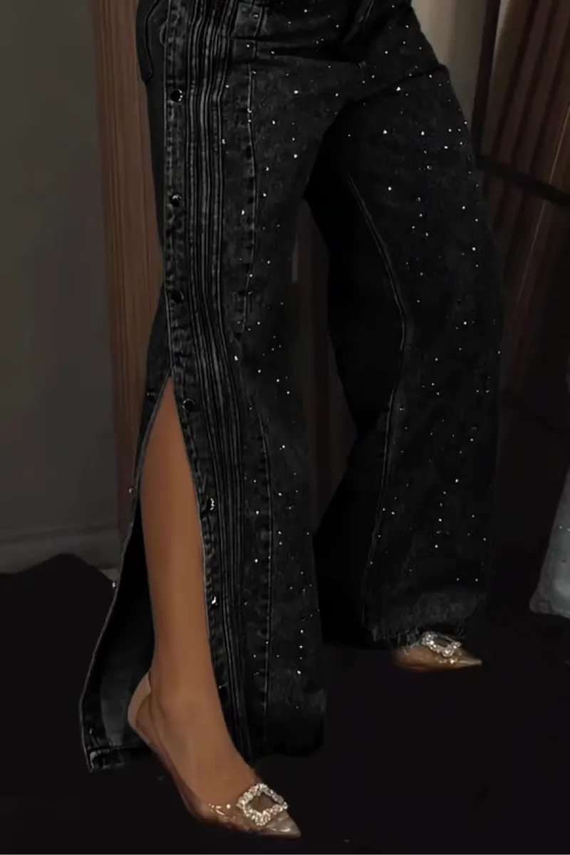 Stellara – Wide-leg fit – Rhinestone button-down jeans