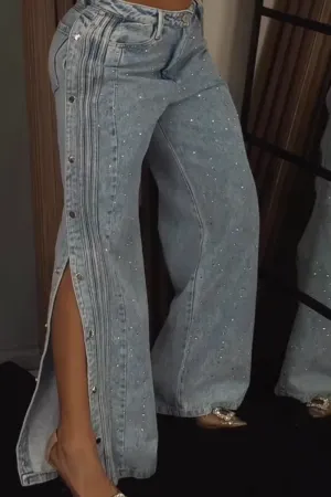 Stellara – Wide-leg fit – Rhinestone button-down jeans