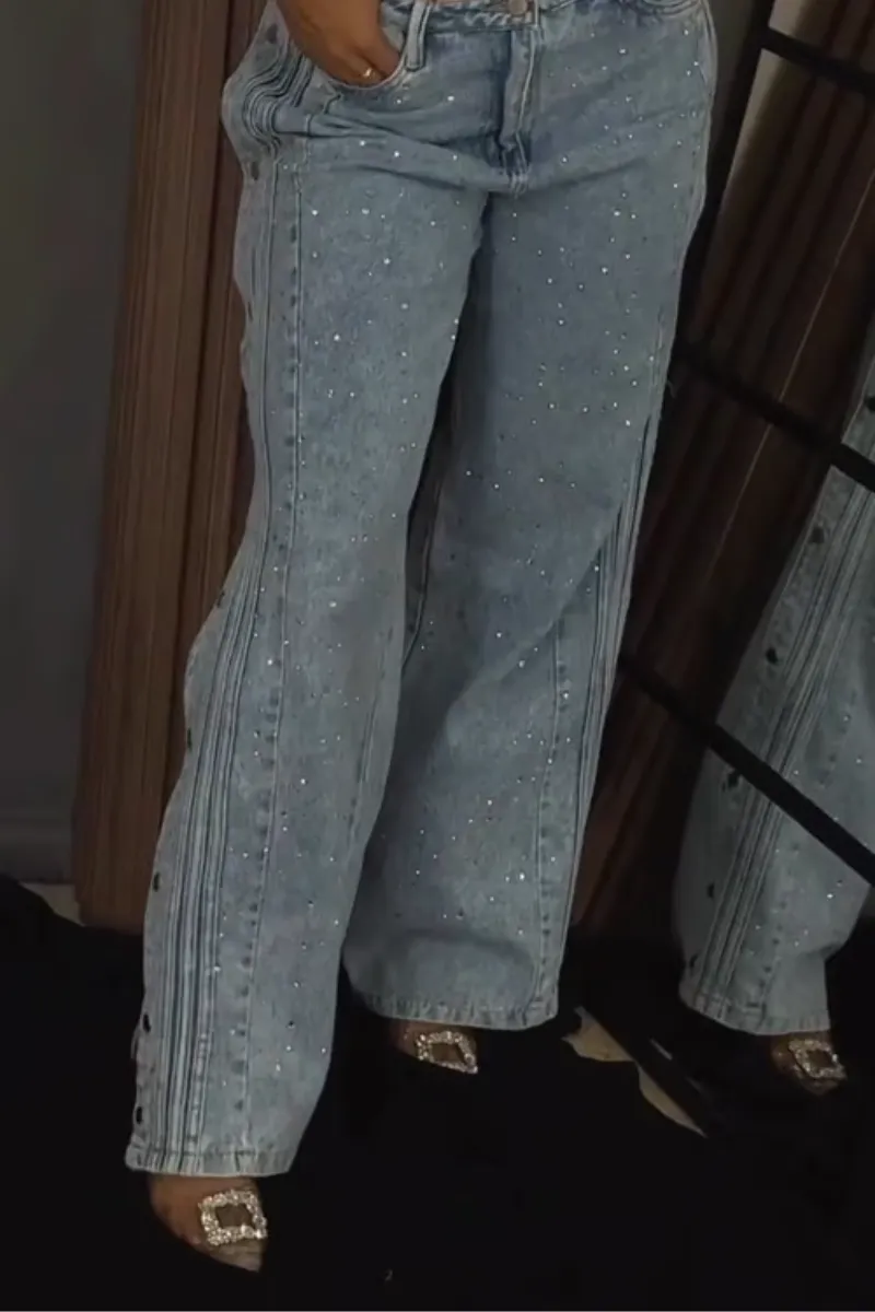 Stellara – Wide-leg fit – Rhinestone button-down jeans