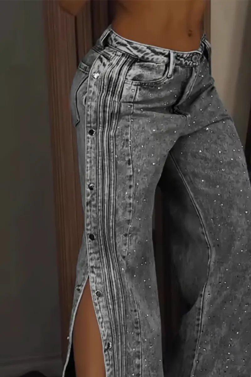Stellara – Wide-leg fit – Rhinestone button-down jeans