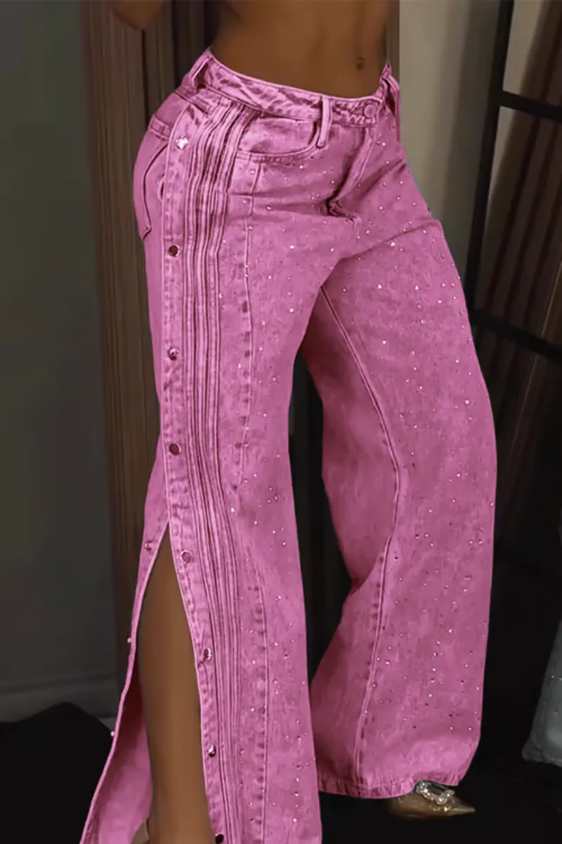 Stellara – Wide-leg fit – Rhinestone button-down jeans