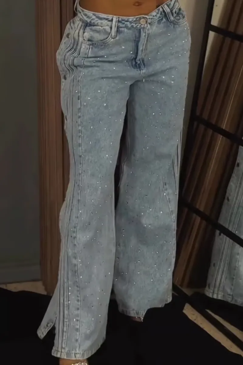 Stellara – Wide-leg fit – Rhinestone button-down jeans
