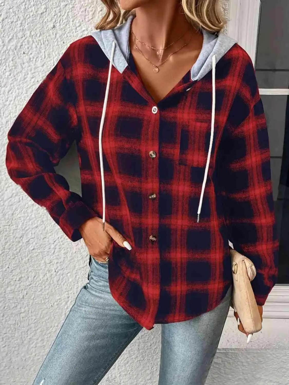 Street Style Button Up Plaid Hoodie