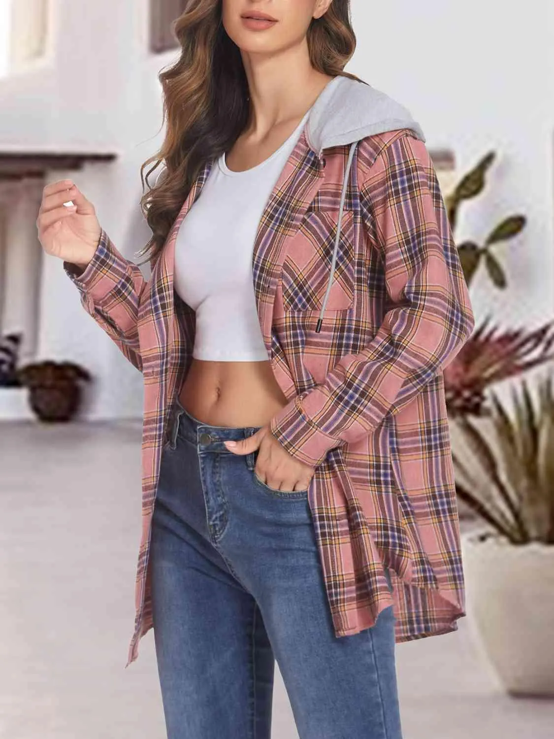Street Style Button Up Plaid Hoodie