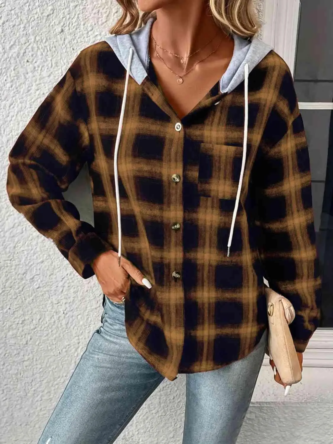 Street Style Button Up Plaid Hoodie