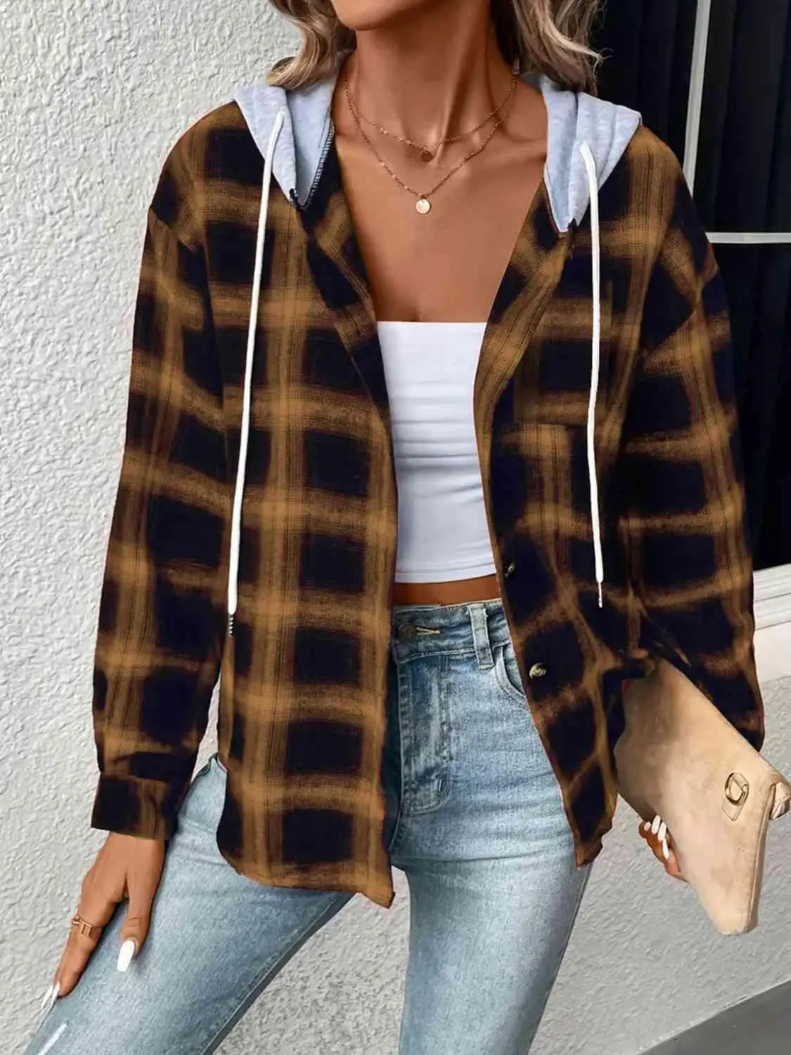 Street Style Button Up Plaid Hoodie
